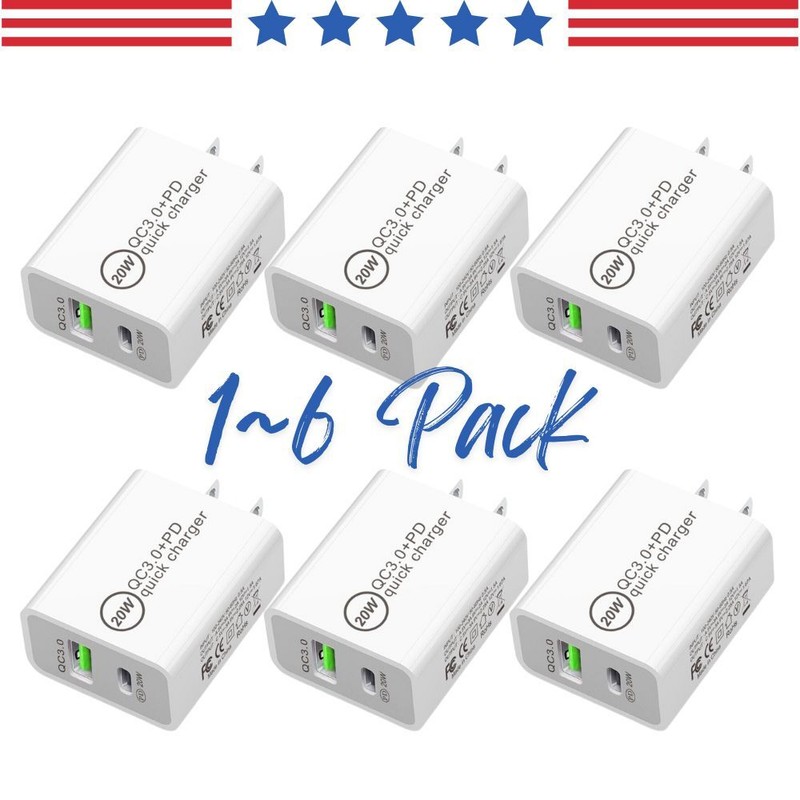 1-6 Pack 20W Power DUAL USB Type-C Wall Adapter Fast Charger For iPhone/Android