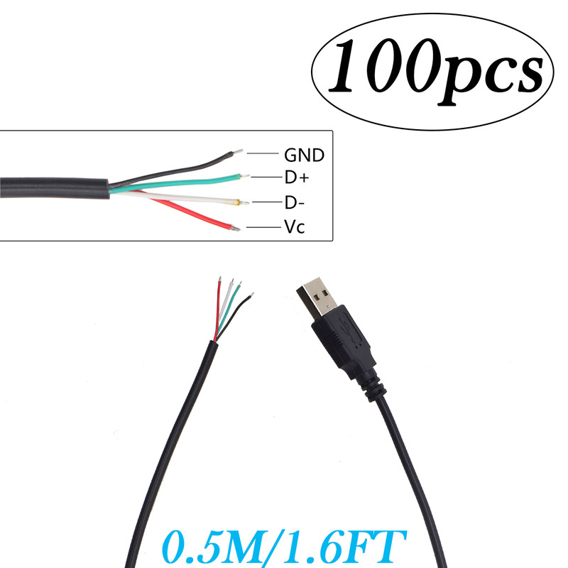100x 0.5M/1.6FT USB A Male to 4-Pin Pigtail Bare Wire 5V/1A for Repair DIY NEW