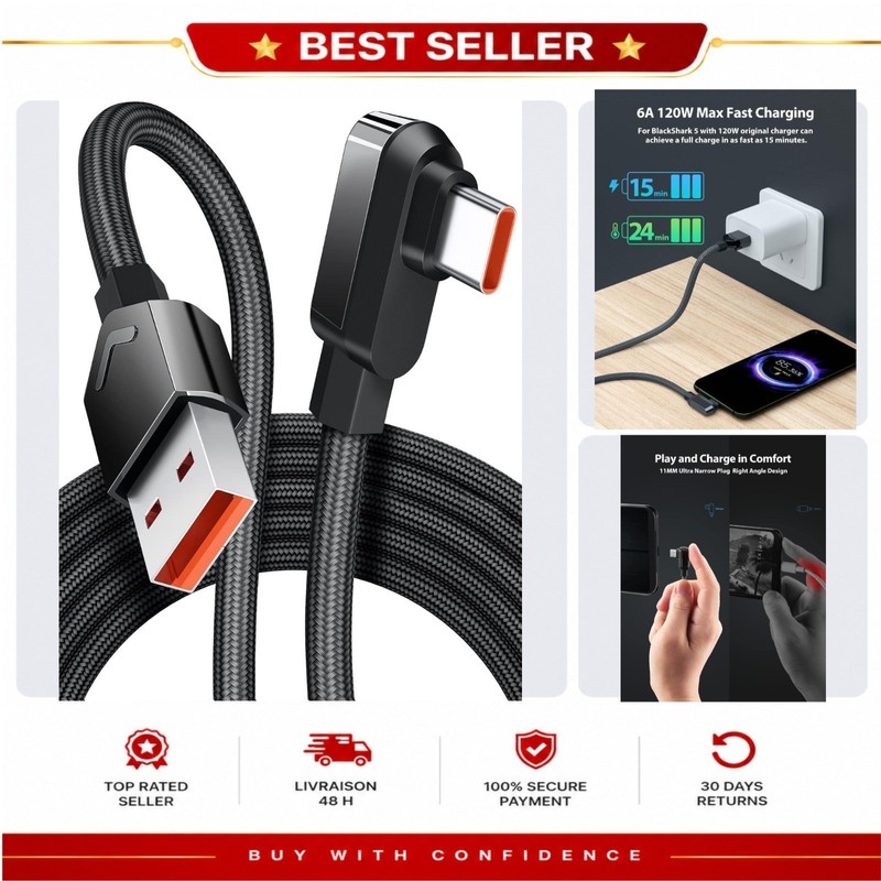 iMangoo 6ft USB-A to USB-C 120W 6A Fast Charging Cable Right Angle