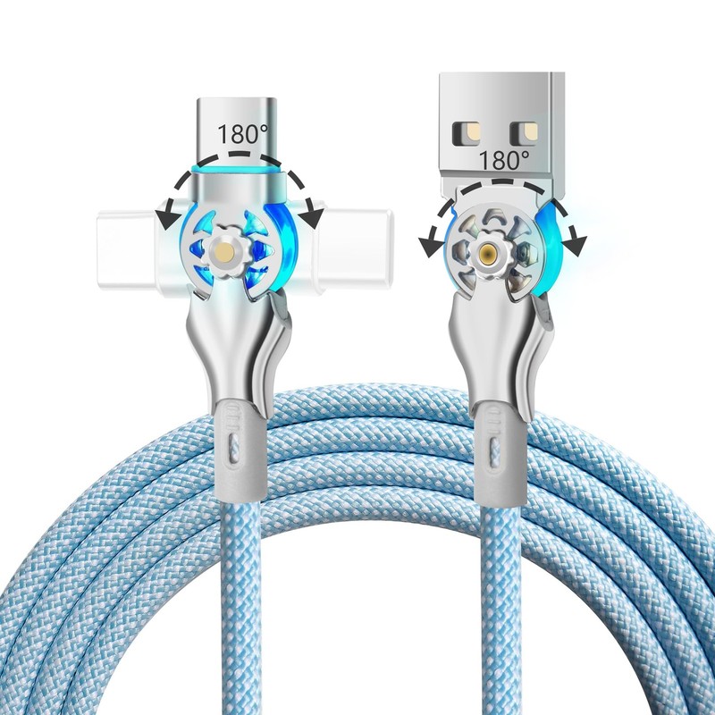 Dual 180° Rotating USB Type C Cable 6.6FT 65W USB A to USB C Nylon Braided Fa…