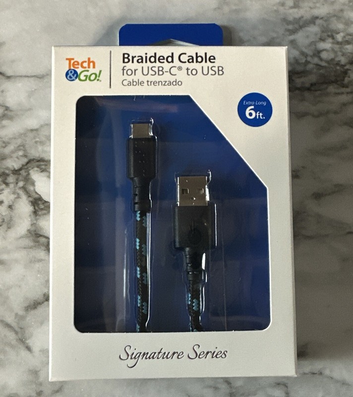 Tech & Go 6ft USB-C To USB Braided Charging Cable ~ Brand New ~ Black & Blue