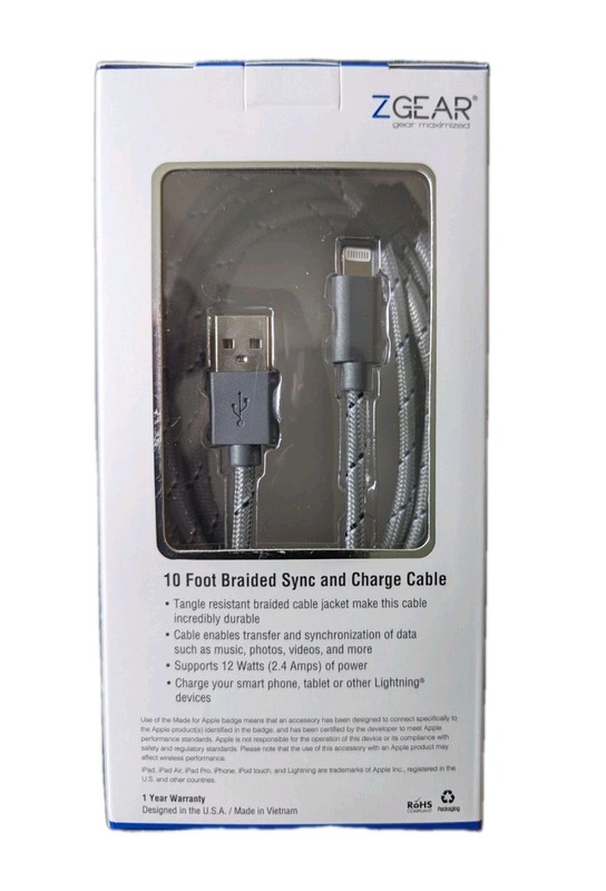 Apple iPhone ZGear Superior 10 Ft Braided Sync & Charge Cable Micro USB, Free SH