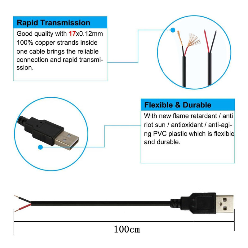 2Pcs 3.2Ft 18AWG USB 2.0 Male 2Pin Pigtail Cable, 6A 5V USB Type a 2 Core Bare gallery