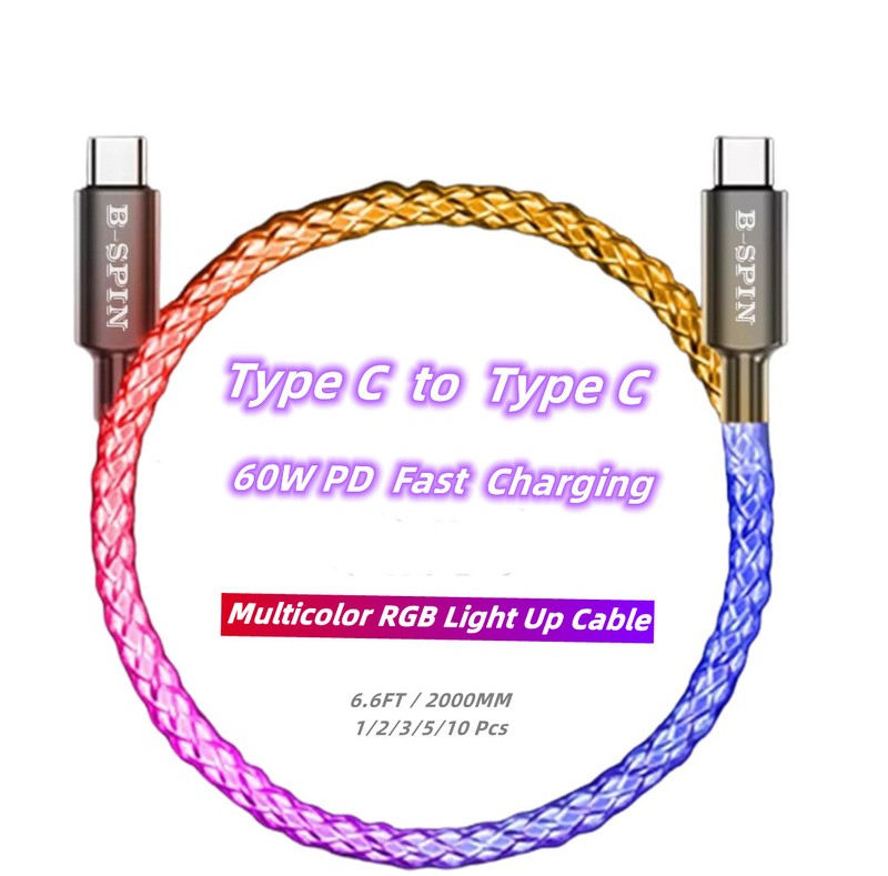 LED RGB Multi Light up USB Type C Fast Charge Cord Samsung Android iPhone 17 16
