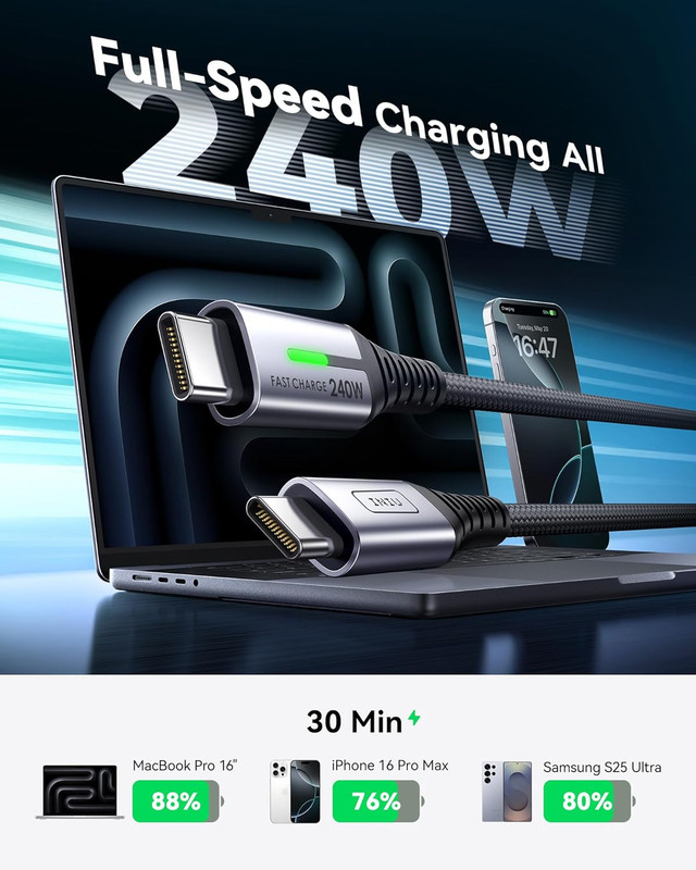 USB C to USB C Cable, 240W Fast Charging Type C Charger Cord, Braided USBC Phone gallery