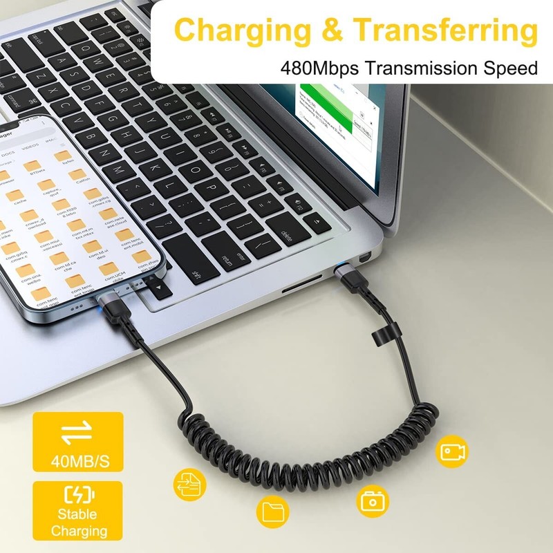 Coiled USB C to Lightning Cable for Car 10FT, MFi Certified iPhone Charging Data gallery