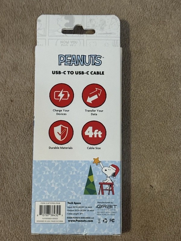 NEW, Peanuts Snoopy USB-C Cable 4ft Holiday 75th Anniversary gallery