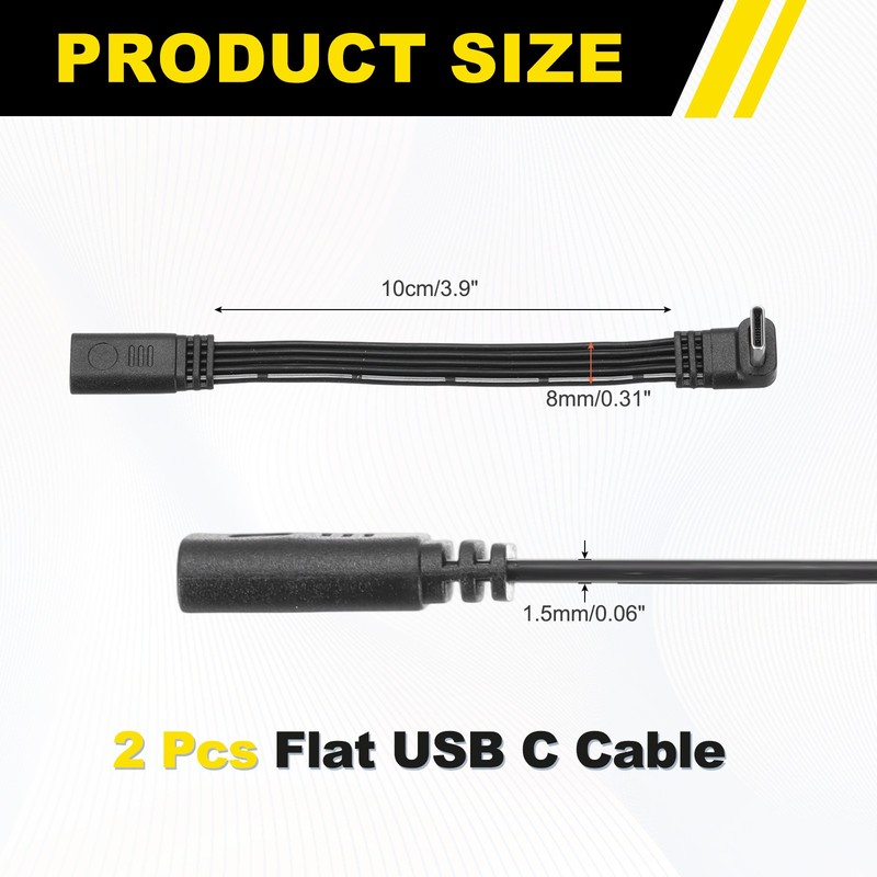 2 Pcs Flat USB-C Extension Cable 3.9 Inch 90 Degree Male to Female Adapter gallery