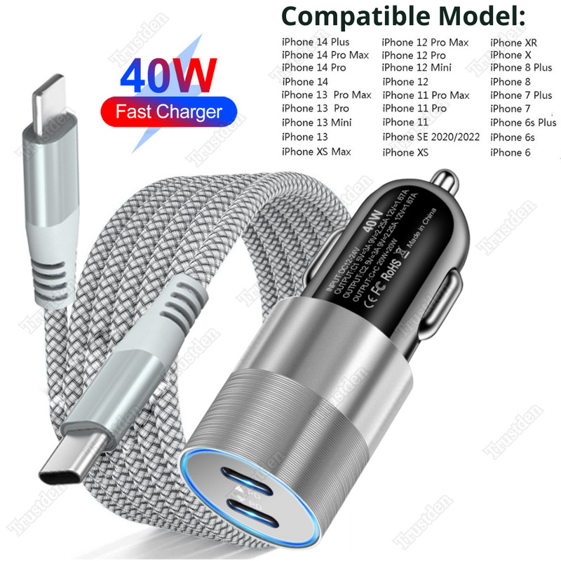 40W PD Car Charger Dual USB C Adapter Cable For Apple iPhone 14 13 12 11 Pro Max