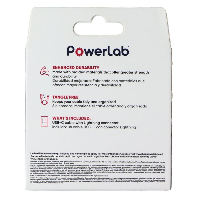 PowerLab Braided (10-Ft) USB-C to 8-Pin Charge Sync Cable - Silver/White gallery