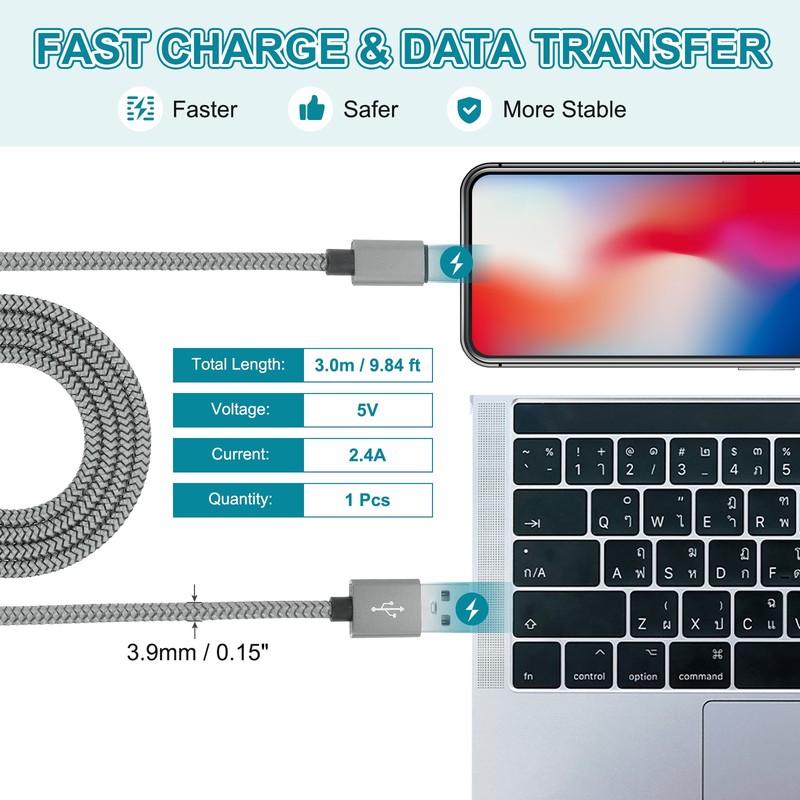 9.84ft USB Type C Charger Cable 2.4A Type-C Braided Charging Data Cord Grey gallery