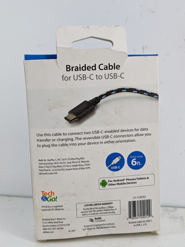 6 ft. USB-C to USB-C Black Braided Phone Charging Cable Reversible Extra Long gallery