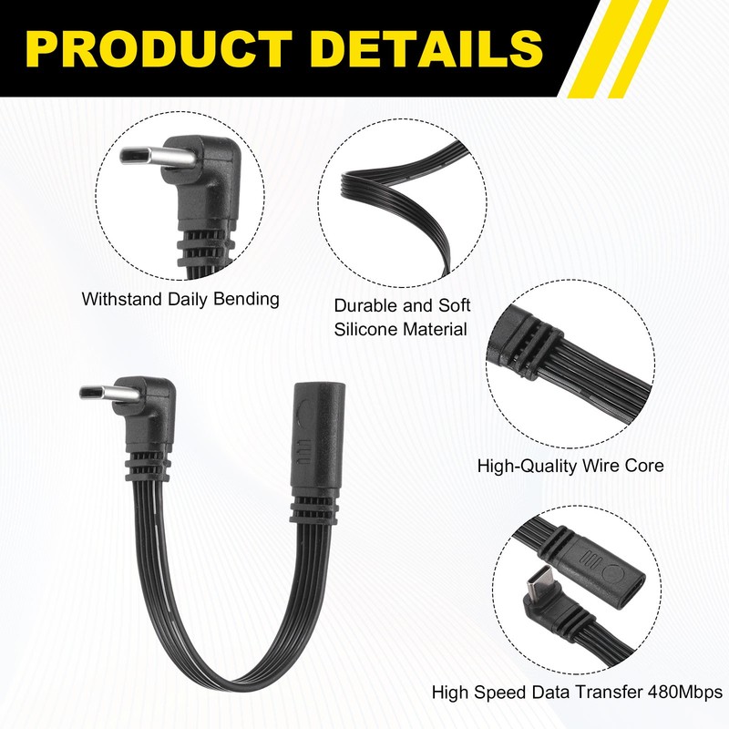 2 Pcs Flat USB-C Extension Cable 3.9 Inch 90 Degree Male to Female Adapter gallery