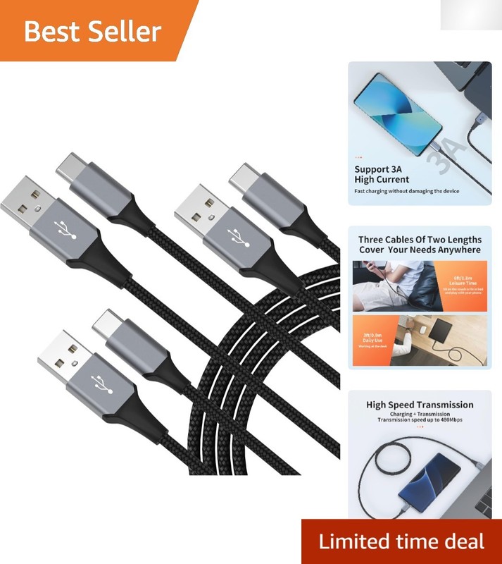 Black USB-C Cable 3-Pack – 3ft/6ft Nylon Braided, Fast Charging Compatibility