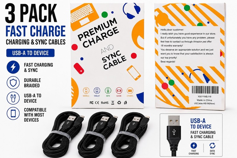 3-Pack USB-A to Fast Charge Braided Nylon Sync Cable 3ft Black
