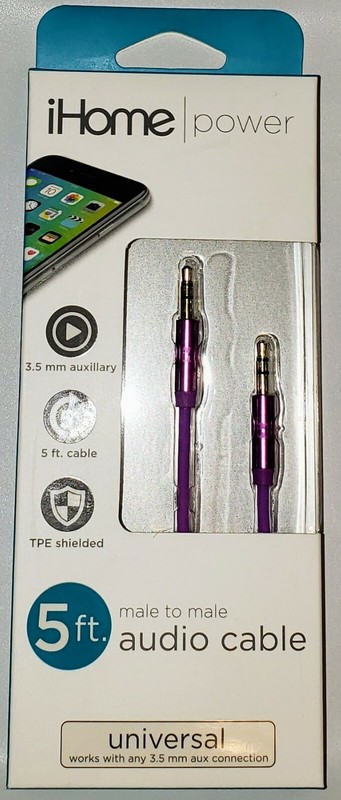 iHome 5 Ft. Audio Cable – M to M – TPE Shielded – Purple – 3.5mm – Universal