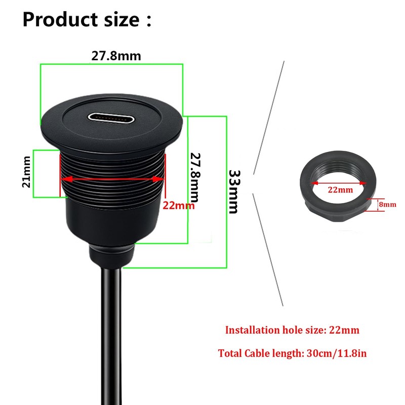 USB C 3.1 Flush Mount Extension Cable Panel Adapter Dashboard 30CM/11.8 Inch gallery
