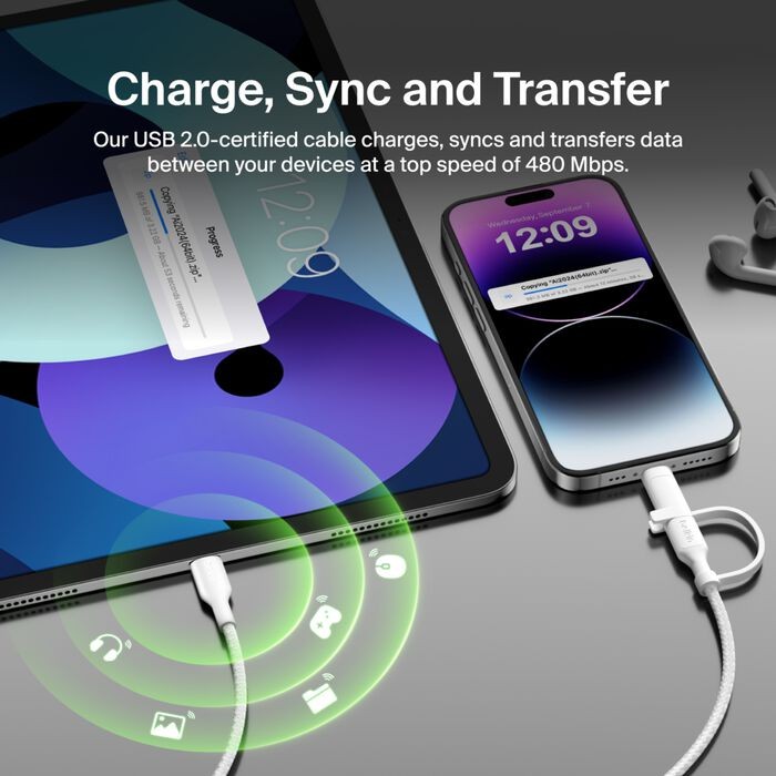 BoostCharge Pro 2-in-1 Cable with USB-C Connector, 1.5M, White gallery