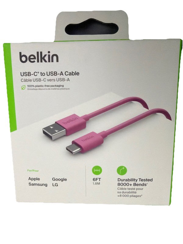 Belkin F2CU032bt06-USB 2.0 Supported USB-C to USB-A Cable (1.8m / 6ft) PINK New