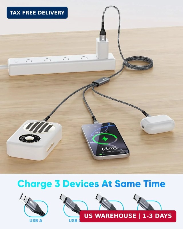 SUNGUY USB C Multi Charging Cable 4FT, QC3.0 USB C Splitter Cable 3 in 1 chargin gallery