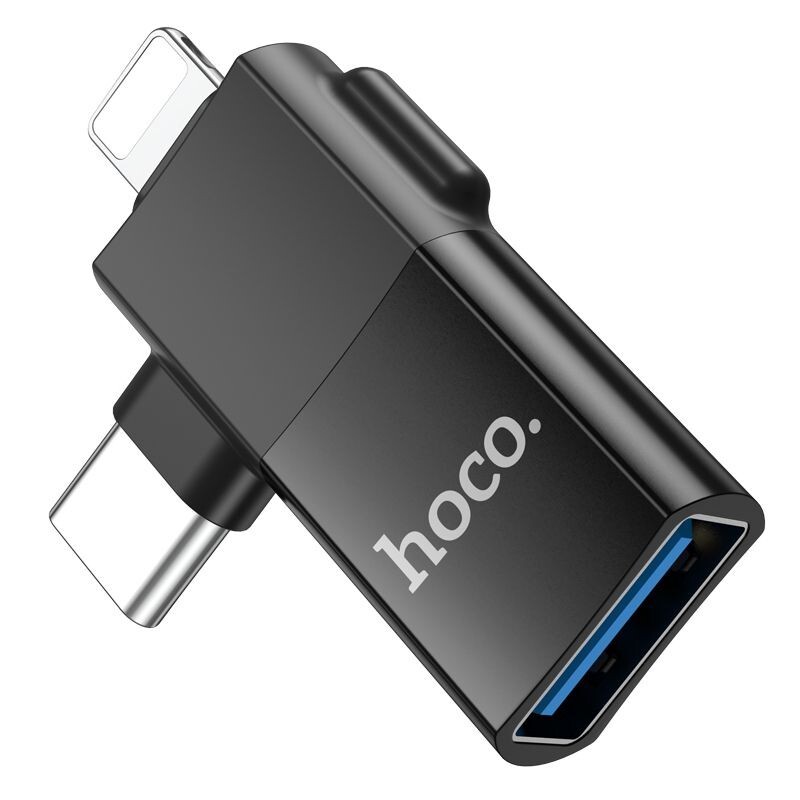 Hoco UA17Lightning Male + USB-C Male to USB Female Adapter - Black