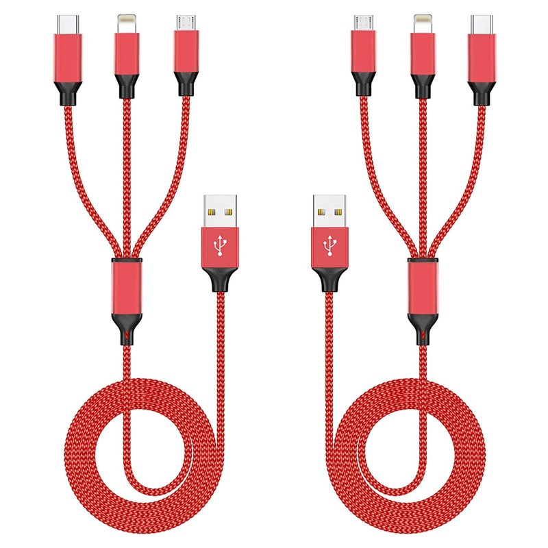 3 in 1 Multi Charging Cable[2 Pack 4FT], Red Braided Nylon USB Cable & Travel...