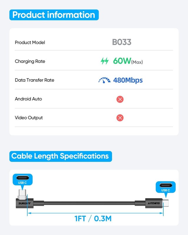 USB C to USB C Cable 1FT 2Pack Right Angle 90 Degree Type C to C 60W PD Fast gallery