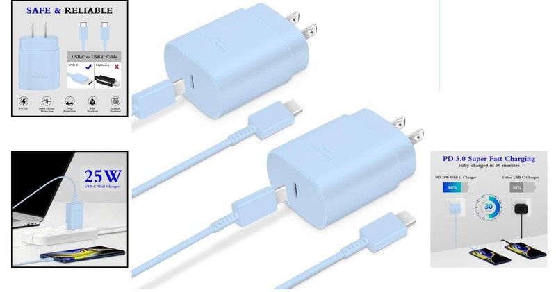 Superior Safety 25W Type C Fast Charger Duo with 6ft USB-C Charging Cable - Blue gallery