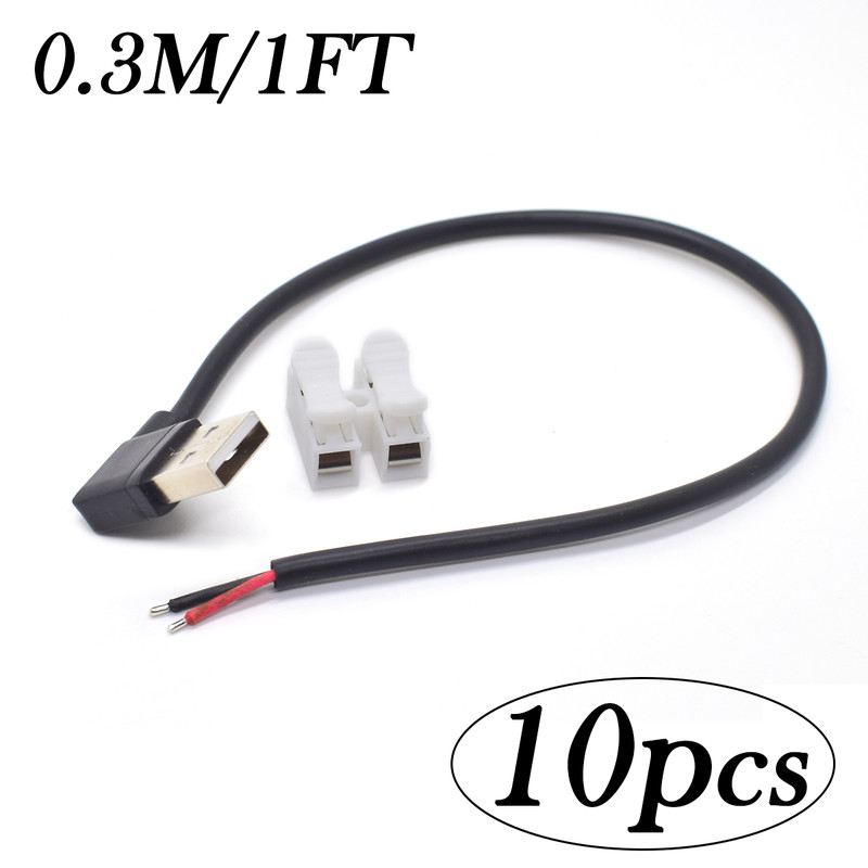 0.3M/1FT USB Male to Bare Wire Cable 20AWG 5A USB2.0 2pin 90° Pigtail Cable Lot