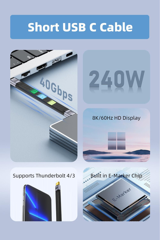 Short USB C Cable 5.3 Inch, USB C to Type C 240W Fast Charging USB 4 Cable Suppo gallery