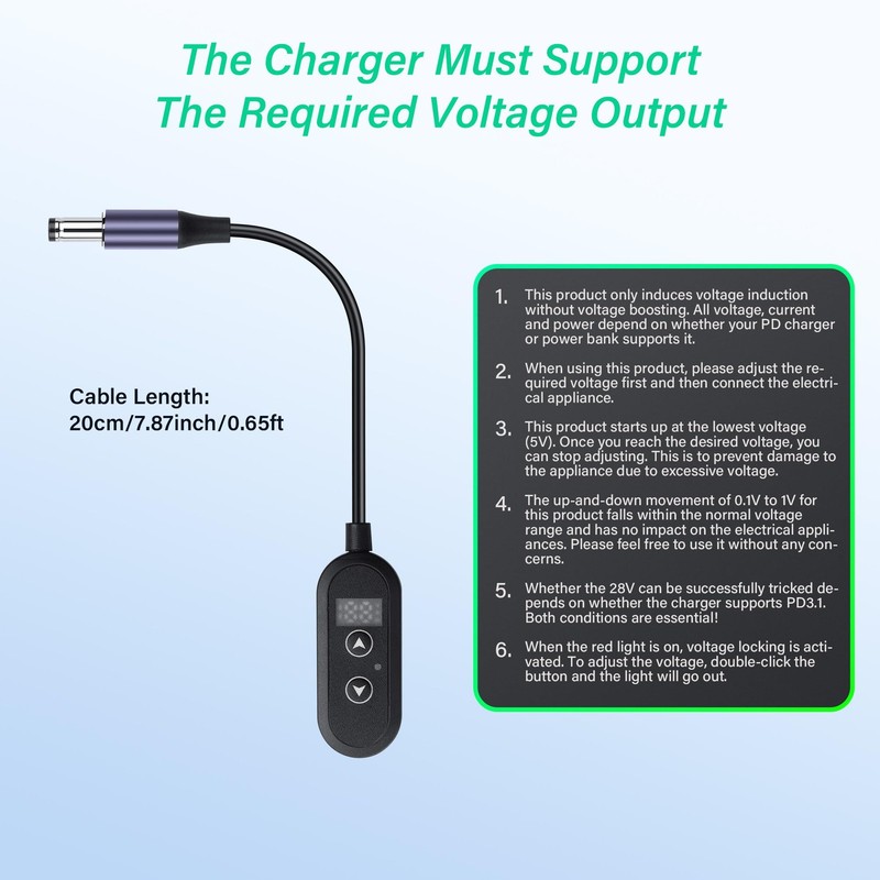 SinLoon PD 140W USB C to DC5525 Converter Cable | Adjustable Voltage 5V/9V/12... gallery