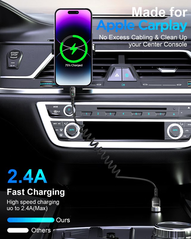 Mcdodo Car Carplay Cable USB A to iPhone Charging Cable Coiled Fast Charger Cord gallery