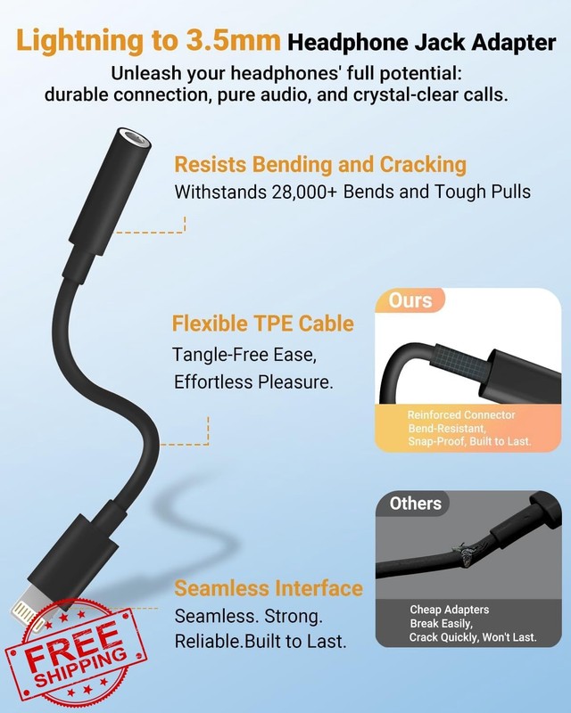 Lightning to 3.5mm Headphone Jack Adapter 3 Pack MFi Certified iPhone AUX