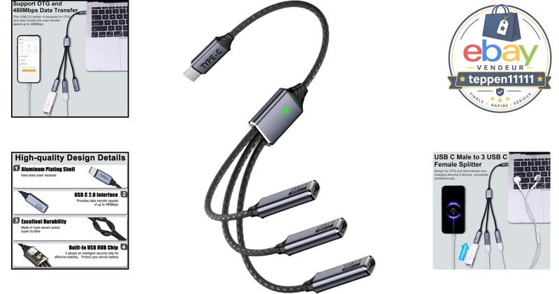 USB C Splitter 1 in 3 Out, Type C Male to 3 Female Cable gallery