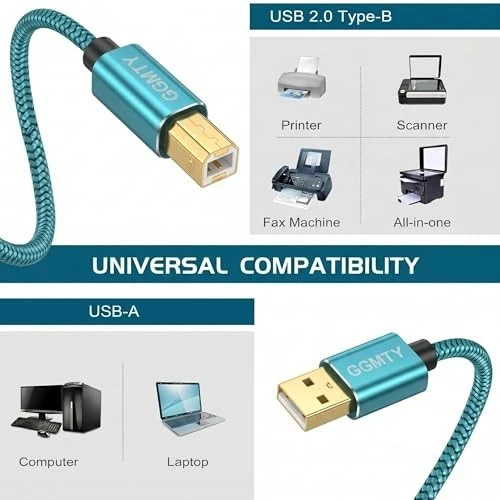 6ft USB Printer Cable, Nylon Braided USB 2.0 Type A to B Male Cord with gallery