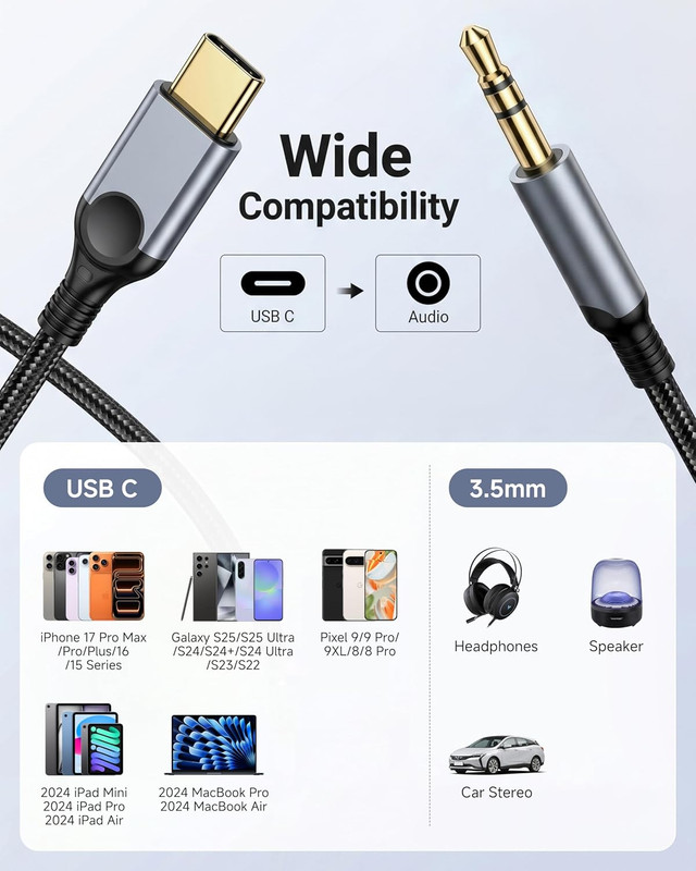 Aux to USB C Audio Cable [4FT], Type C to 3.5Mm Aux Cord Hi-Fi DAC Headphone Jac gallery