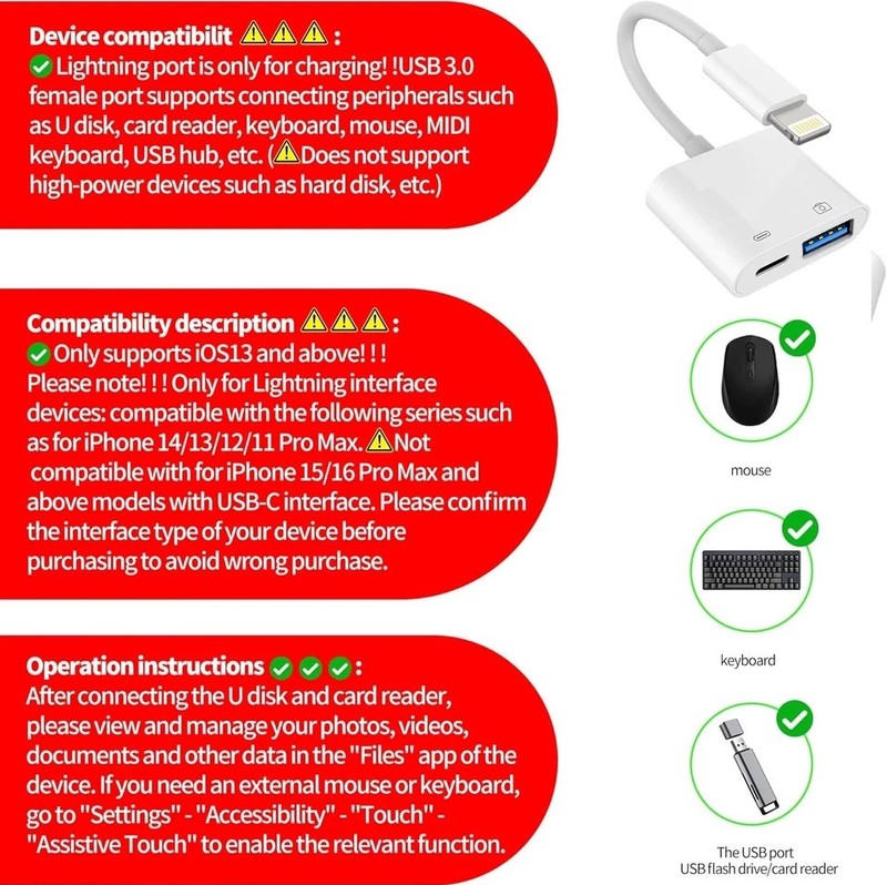 [Apple MFi Certified] Lightning to USB Camera Adapter OTG w/ Charging Port for i gallery
