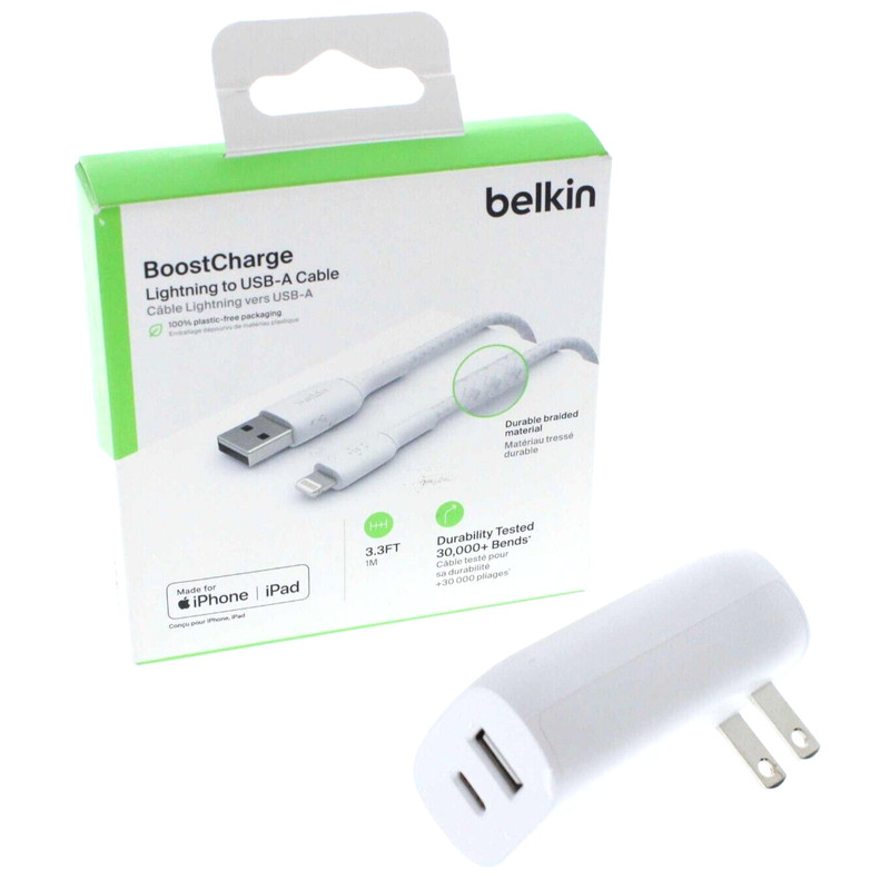 Belkin BOOST↑CHARGE USB-A Braided Cable for iPhone 3.3FT + Wall Charger