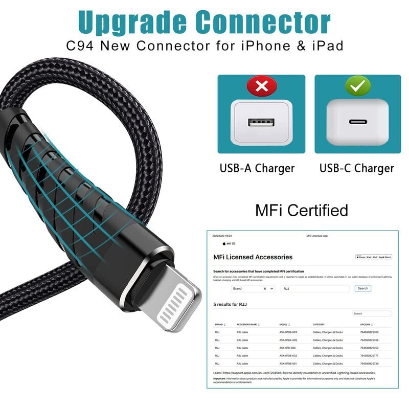 3Pk 10ft 20W USB C to L.ightning Cable Nylon Braided for iPhone 14 13 12 11/Mini gallery