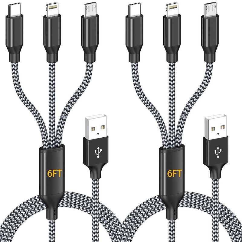 Grey/Silver 6ft Multi Charging Cable 2Pack Apple MFi Certified Nylon Braided