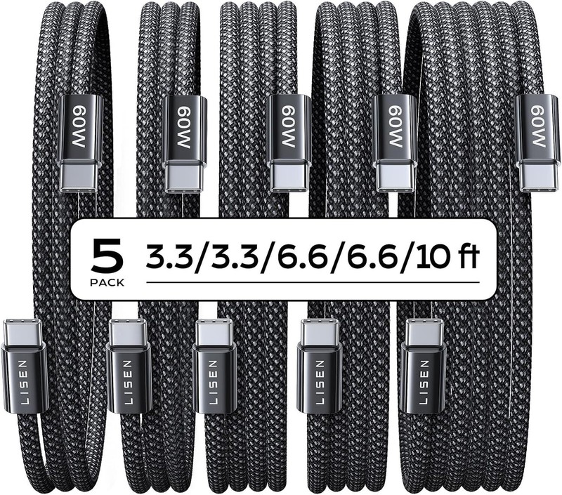LISEN USB C Cable, 5-Pack [3.3/3.3/6.6/6.6/10FT] USBC to USBC Cable