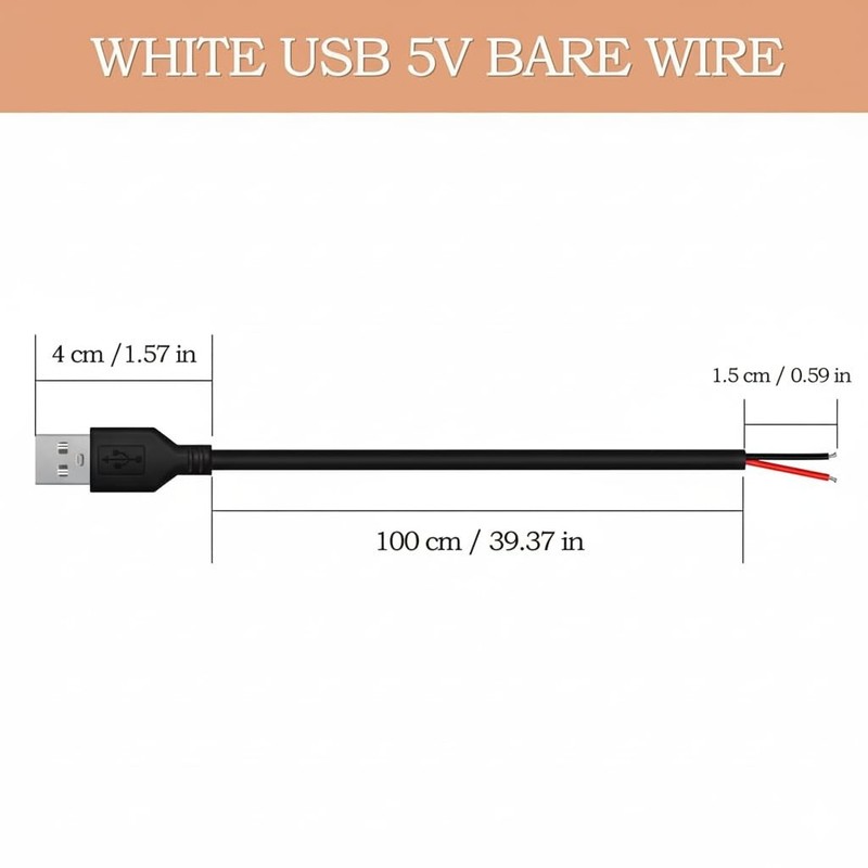 2 PCS 3.28FT Black 24AWG USB 2.0 Male 2 Pin Bare Wire Pigtail Cable 5V 2A gallery