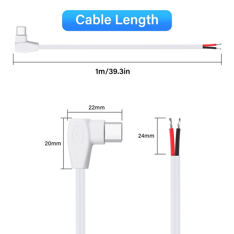 2 Pack 90 Degree USB C Power Pigtail 20AWG 5V Male 2 Pin Bare Wire 1M gallery