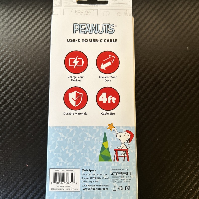 Peanuts Snoopy USB C To USB C Cable 4 Ft Christmas Holiday Charging Cord TREE gallery