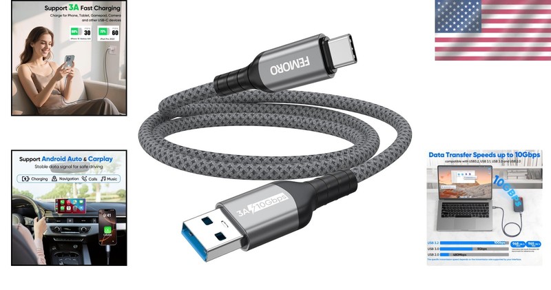 High-Speed USB A to C 3ft Cable - 10Gbps Transfer & Fast Charge for Devices gallery