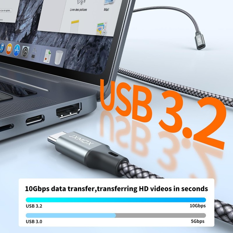 JXMOX USB C Extension Cable (3.3Ft/1m/10Gbps), USB 3.2 Type C 3.1 Male to Female gallery