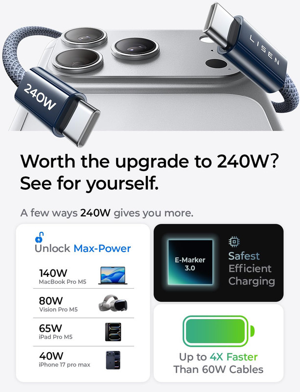 10FT USB C Cable Fast Charging, 240W Long USB C to USB C Cable 10FT Super gallery