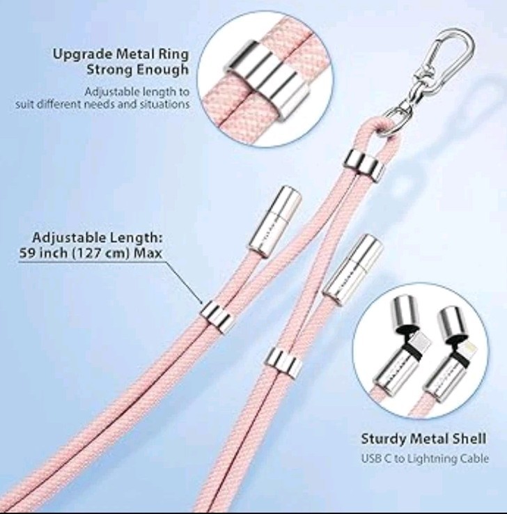 MOSTY 60W 2 in 1 USB-C To USB-C Fast Charger Cable Pink Crossbody Phone Lanyard gallery