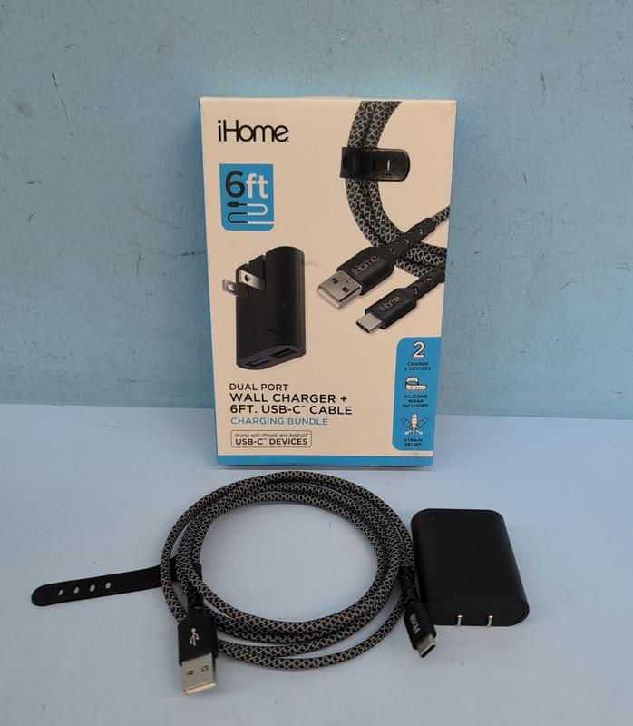 iHome Dual Port Wall Charger & USB-C Cable 6ft Black IHCT3156B-OD