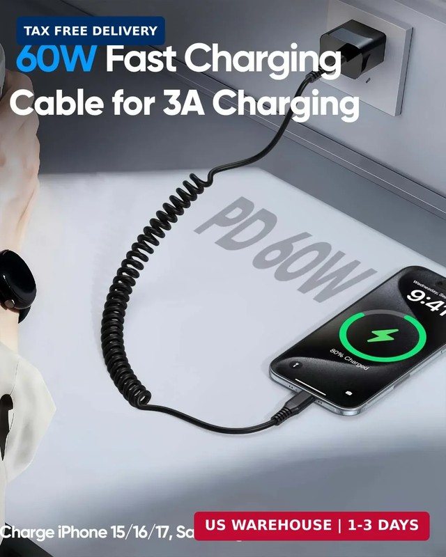 USB to USB C Coiled Cable 6FT 2-Pack, 60W Fast Charging Coiled Cable, USB A to U gallery